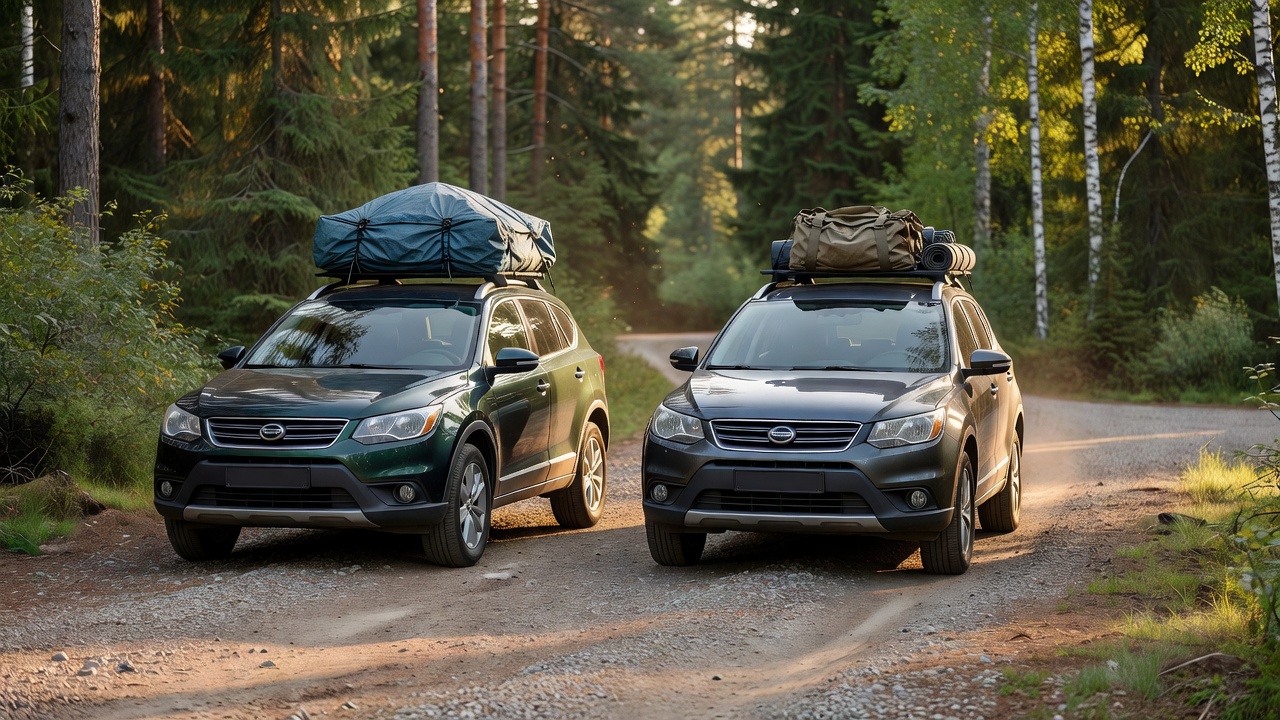 丰田RAV4与本田CR-V并排停在林间碎石土路上，车顶行李架装着帐篷与露营装备